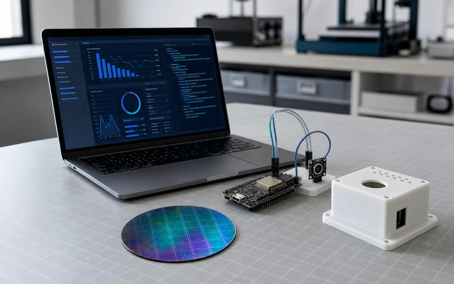 Bancada de tecnologia com notebook, microcontrolador, sensor, amostra de silício e protótipo impresso em 3D